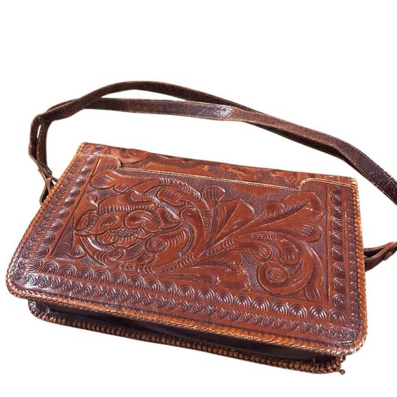 Vintage Hand Tooled Raised Flower Leather Purse Boho 70's Festival Hippy - Picture 9 of 16